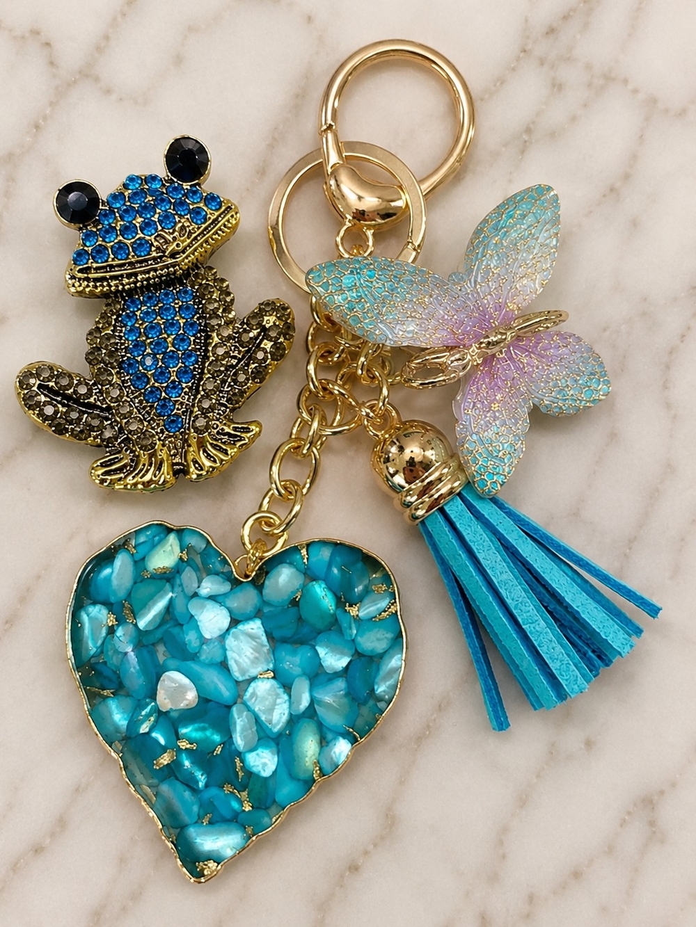 Turquoise Heart & Blue Gem Frog Brooch, Purse Charms with Butterfly and Tassel